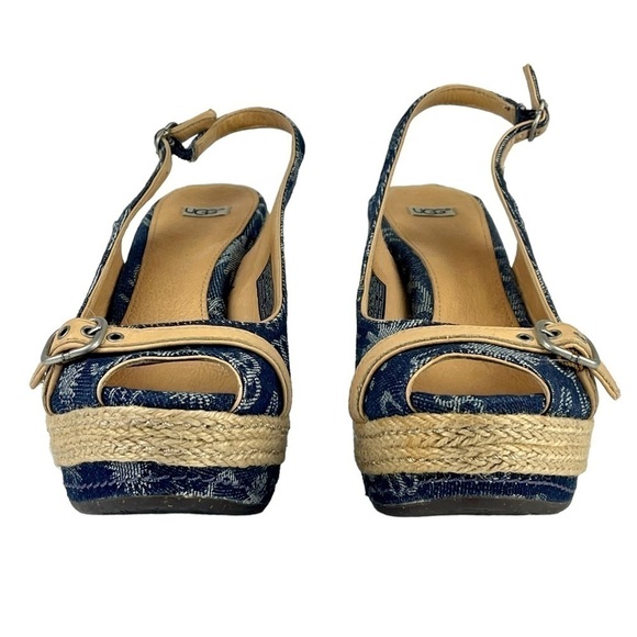 UGG NOELLA Y2K DENIM LOGO PEEP TOE SLINGBACK ESPADRILLE WEDGE HEELS - Picture 4 of 12